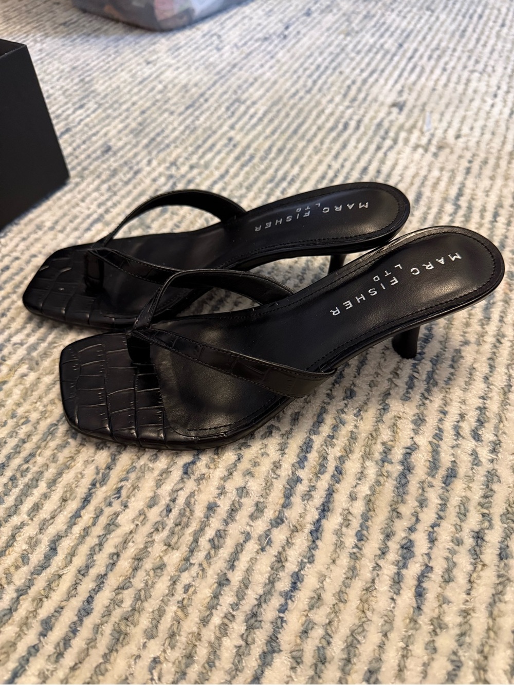 Marc Fisher Black Croc-Texture Square-Toe Thong Mules - Picture 9 of 10